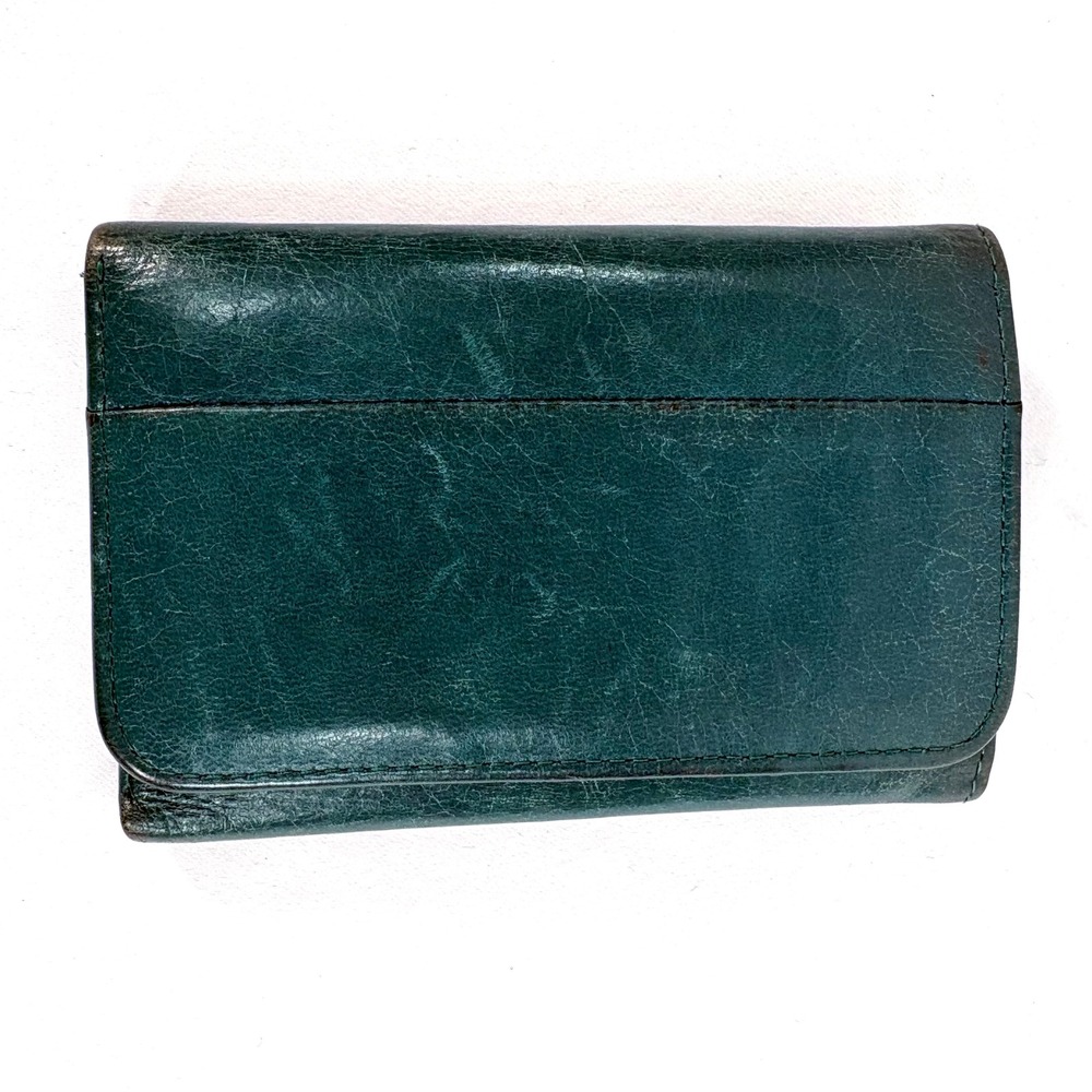 Hobo Trifold Wallet Teal Green Glazed Leather Floral Lining Snap Closure